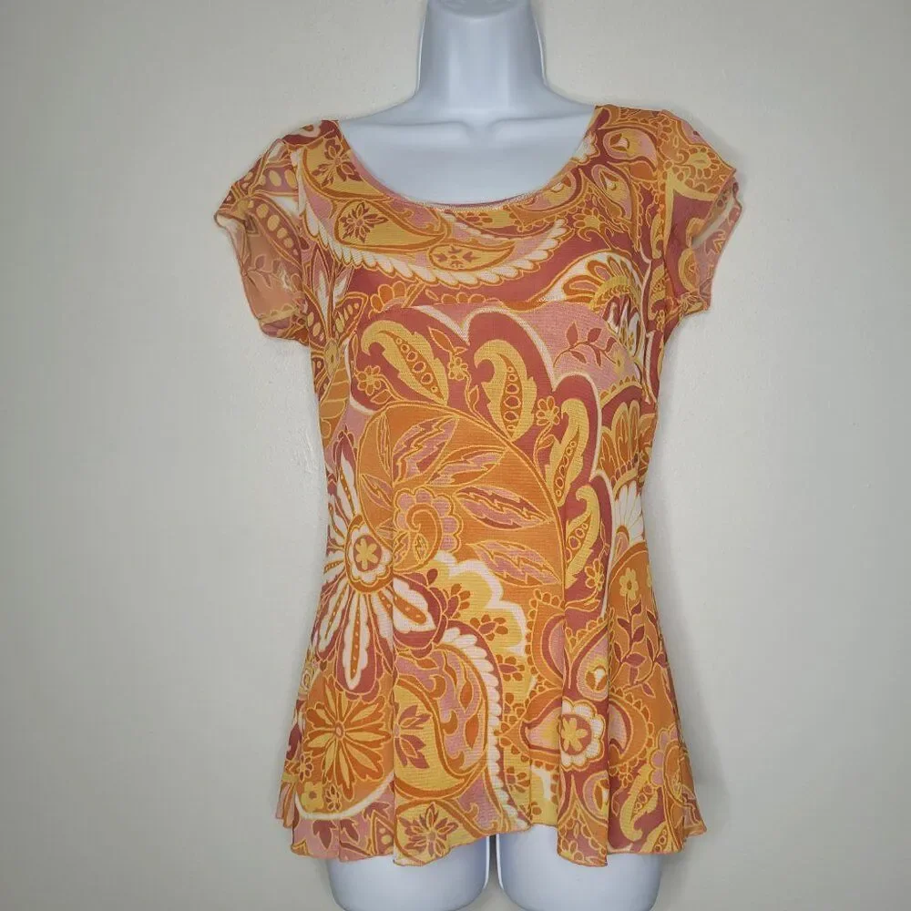 Vintage y2k orange tones nylon cap sleeve groovy party going out top size medium